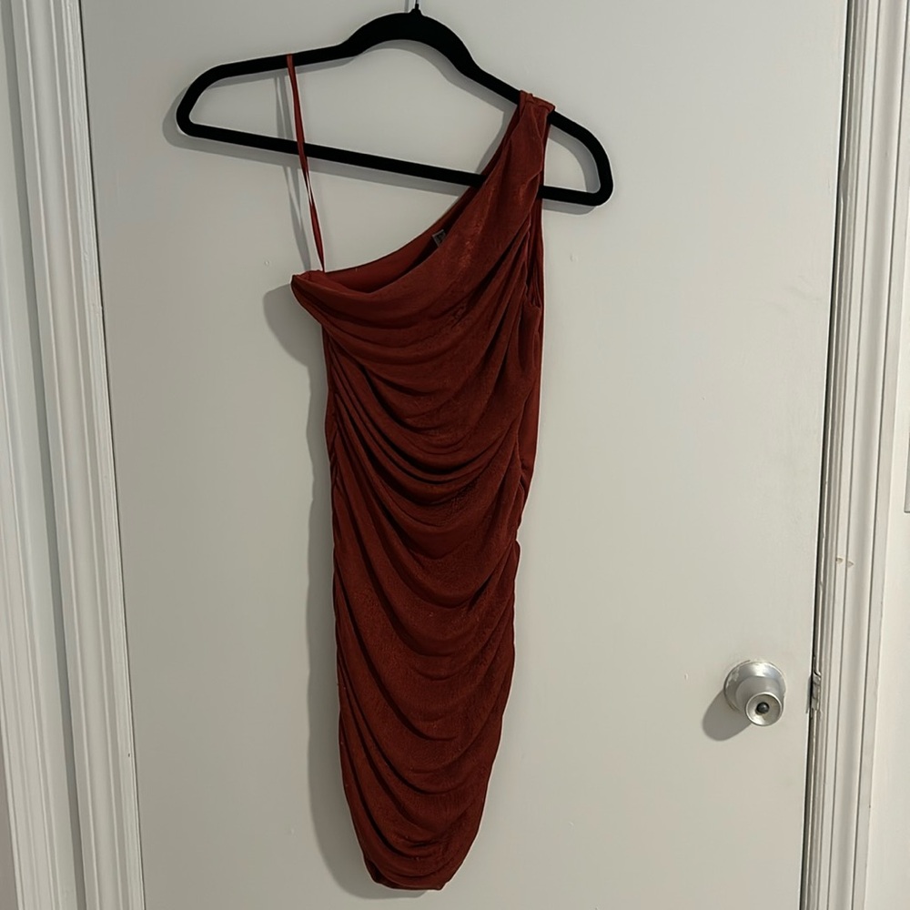 Burnt Orange Lucy in the Sky Ruching Tight One Shoulder Mini Dress (S)